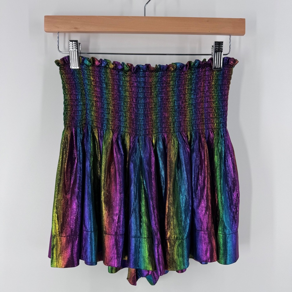 Queen of Sparkles Skirt Sz Small Rainbow Metallic Smocked Festival Rave‎ Pride